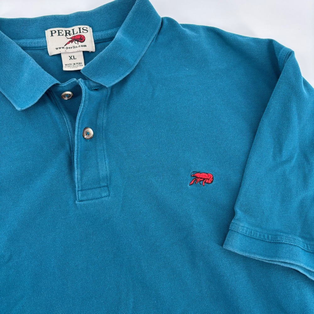 Perlis Polo Shirt Mens XL Teal Blue Excellent‎ Crawfish Logo Peruvian Cotton